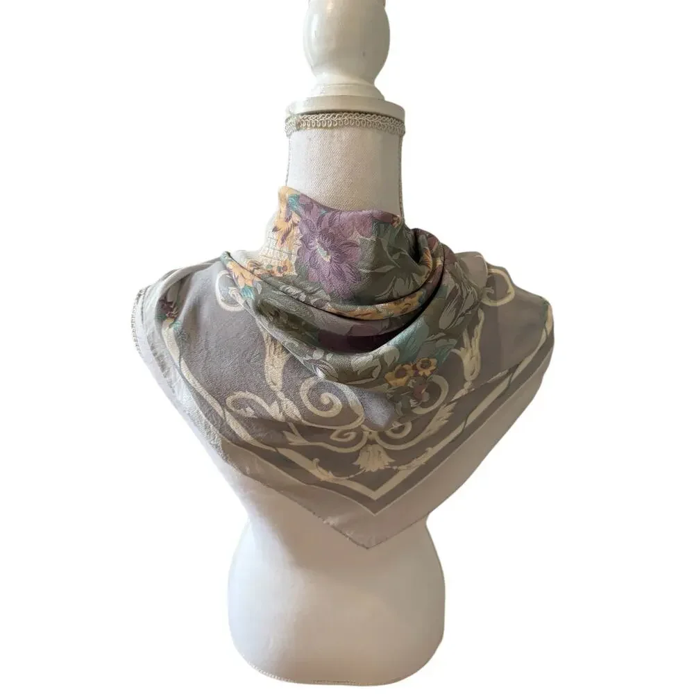 Vintage Liz Claiborne Large Square Silk Chiffon Scarf Gray Plum Floral Print